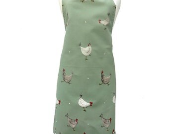 Multi Chicken & Spot Sage Apron - Spotty Hen Apron, 100% Cotton, Barnyard, Country Kitchen