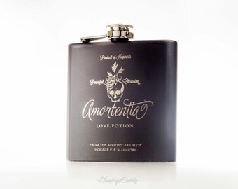 Amortentia Love Potion Flask, inspired by Harry Potter - 6oz Engraved Black Matte Hip Flask