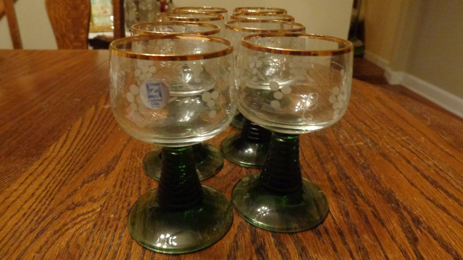 Vintage SchottZwiesel Wine Glasses Set Of Eight Green Spiral Stem With Gold Gild Rim/ Vintage
