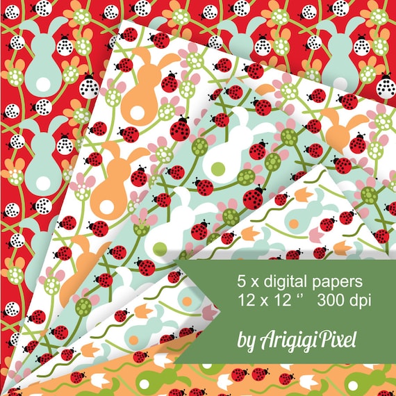 Spring Digital Background, bunnies, flowers, ladybugs, seamless pattern ...