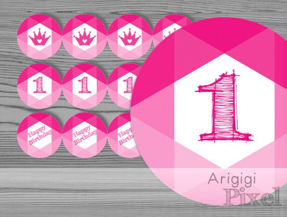 printable party favor circles with princess crown number 1