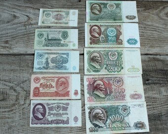 Full set of 10 Vintage Soviet Banknotes / rare infrequent USSR Paper Money (1, 3, 5, 10, 25, 50, 100, 200, 500 and 1000 rubles).
