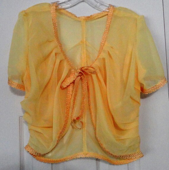 Items similar to Bolero Jacket, Banana Yellow Sheer with trim and Tie
