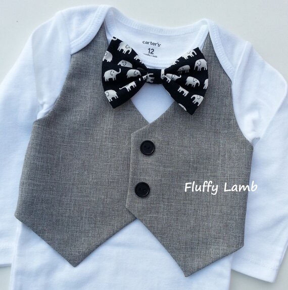 Baby Boy Bodysuit With Grey Vest Attached and A Elephant Bow