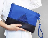 Leather clutch. Geometric blue black clutch. Leather Ipad / tablet case.