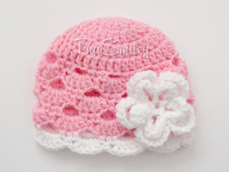 Pink Crochet Baby Hat Pink Shell Flower Baby Beanie Crochet