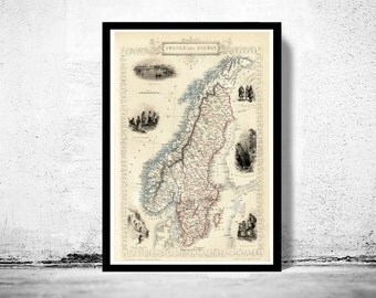 Old Map of Norway and Sweden, 1851, scandinavia Antique Baltic Sea