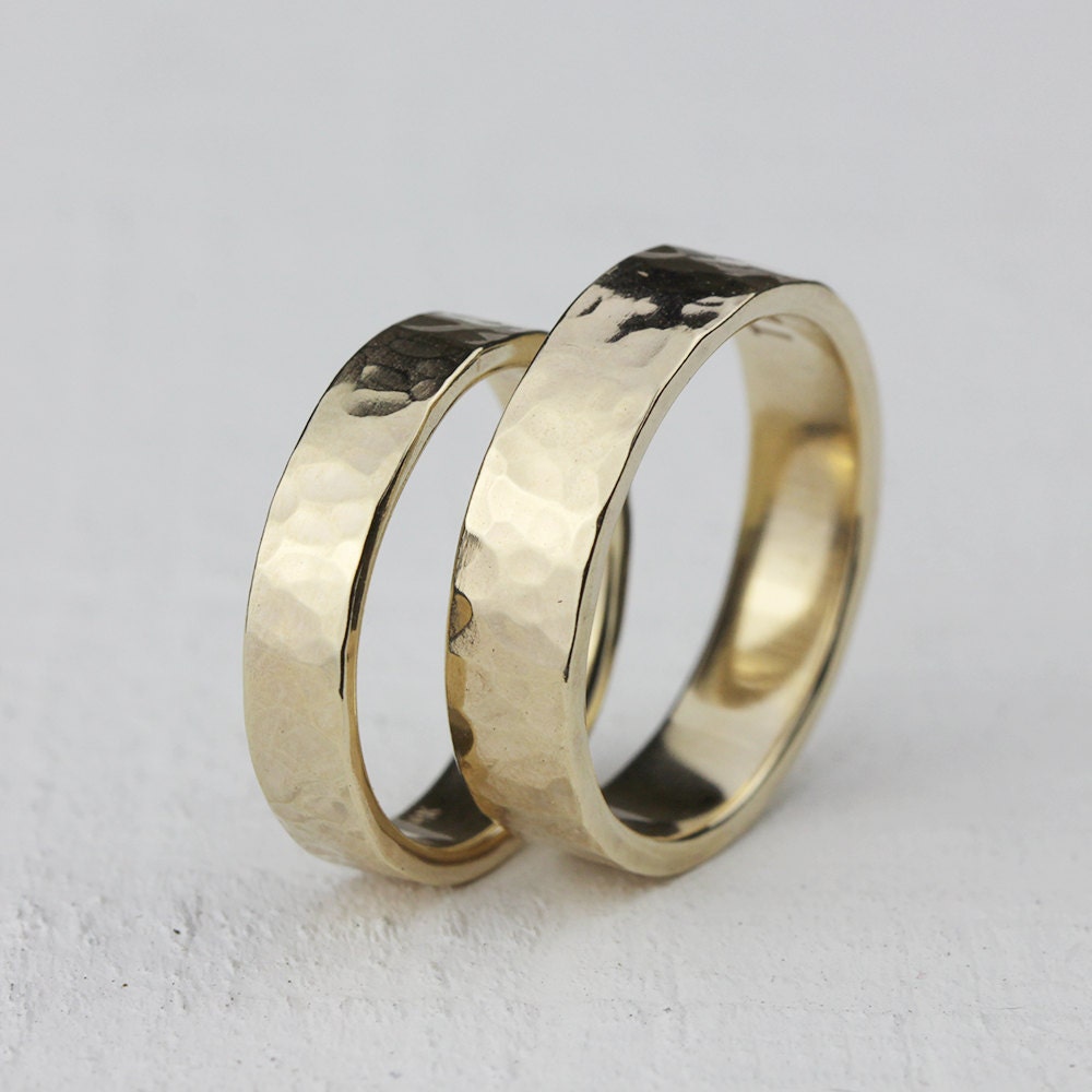 Gold hammered wedding ring set 14k gold hammered wedding ring