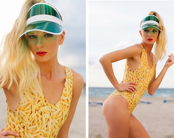 French Fries Swimsuit, One Piece Maillot, 80s Bikini, Yellow Bodysuit