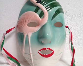 Beautiful Ceramic Vintage Vandor Flamingo Turquoise Pink Mask Glazed Porcelain Wall Art