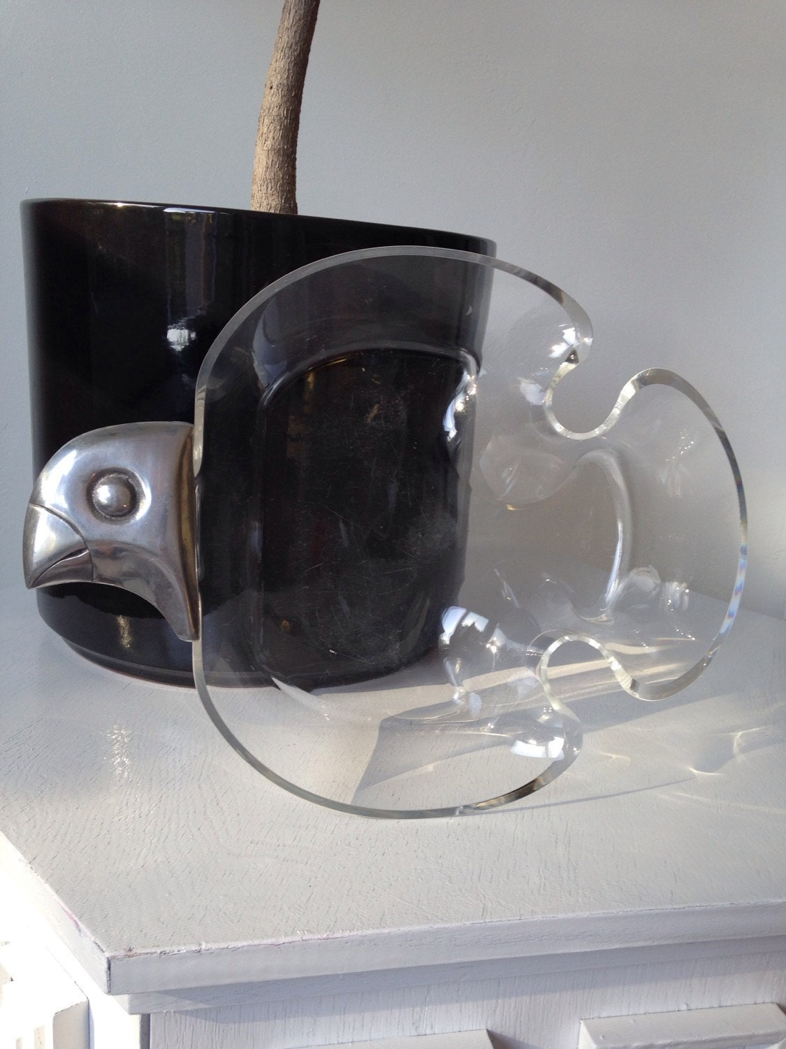 Unique Lucite Serving Bowl Bird Shape Aluminum Head Vintage Quirky Haute Juice