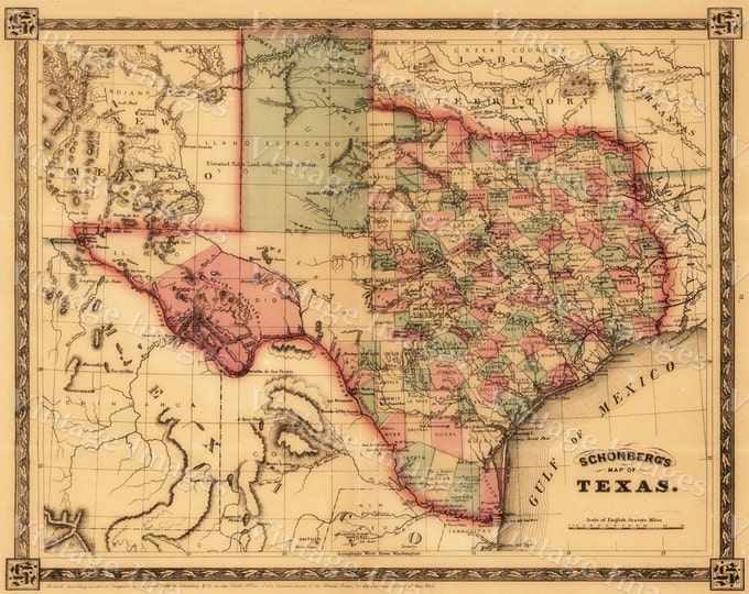 Giant 1866 Texas OLD WEST map Antique Restoration Hardware Style wall Map Fine art Print Poster home decor