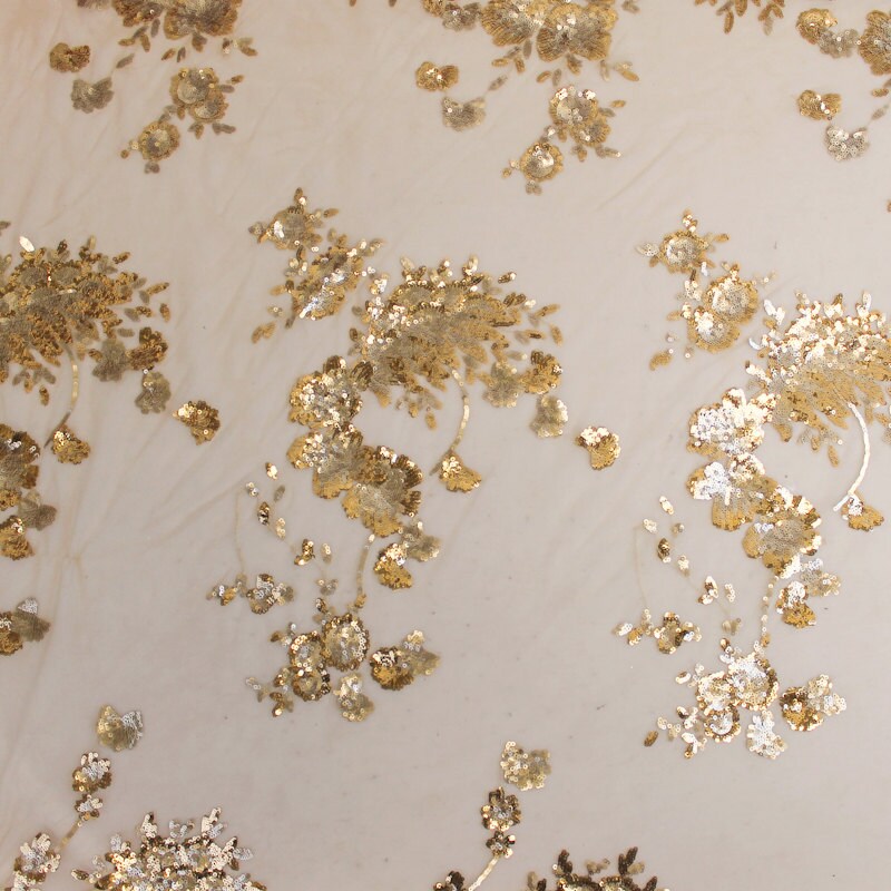 Ivory Gold Floral Scallop Sequins Fabric 1 yard Style 2305