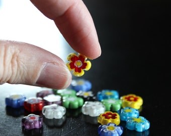 20 millefiori glass beads,10-12 mm x 4 mm, hole 1 mm, flat flower beads, mixed colors and designs
