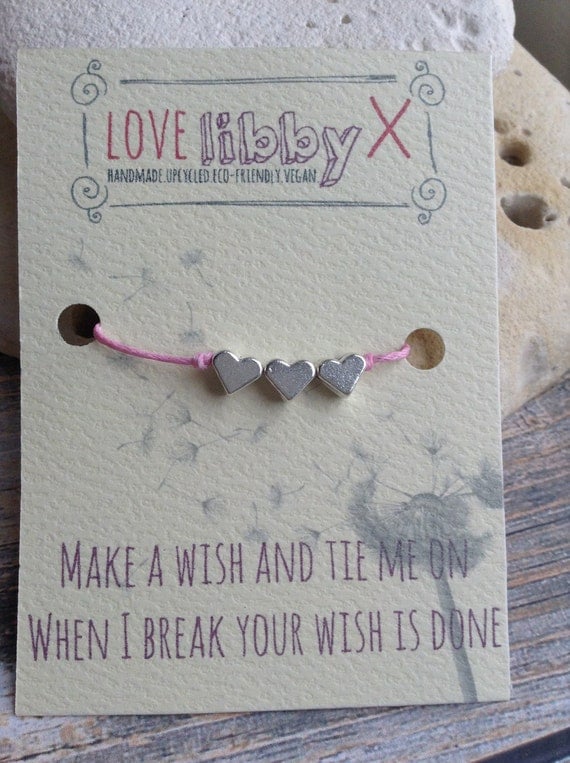Wish bracelet with heart charms on pink cord. Friendship bracelet, perfect gift, wedding, bridesmaid, hen party, favours. Buy 4 get 1 free.