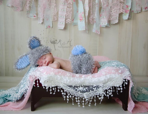 Crochet Fuzzy, fluffy bunny rabbit set with detachable tail. Easter photo prop. Newborn