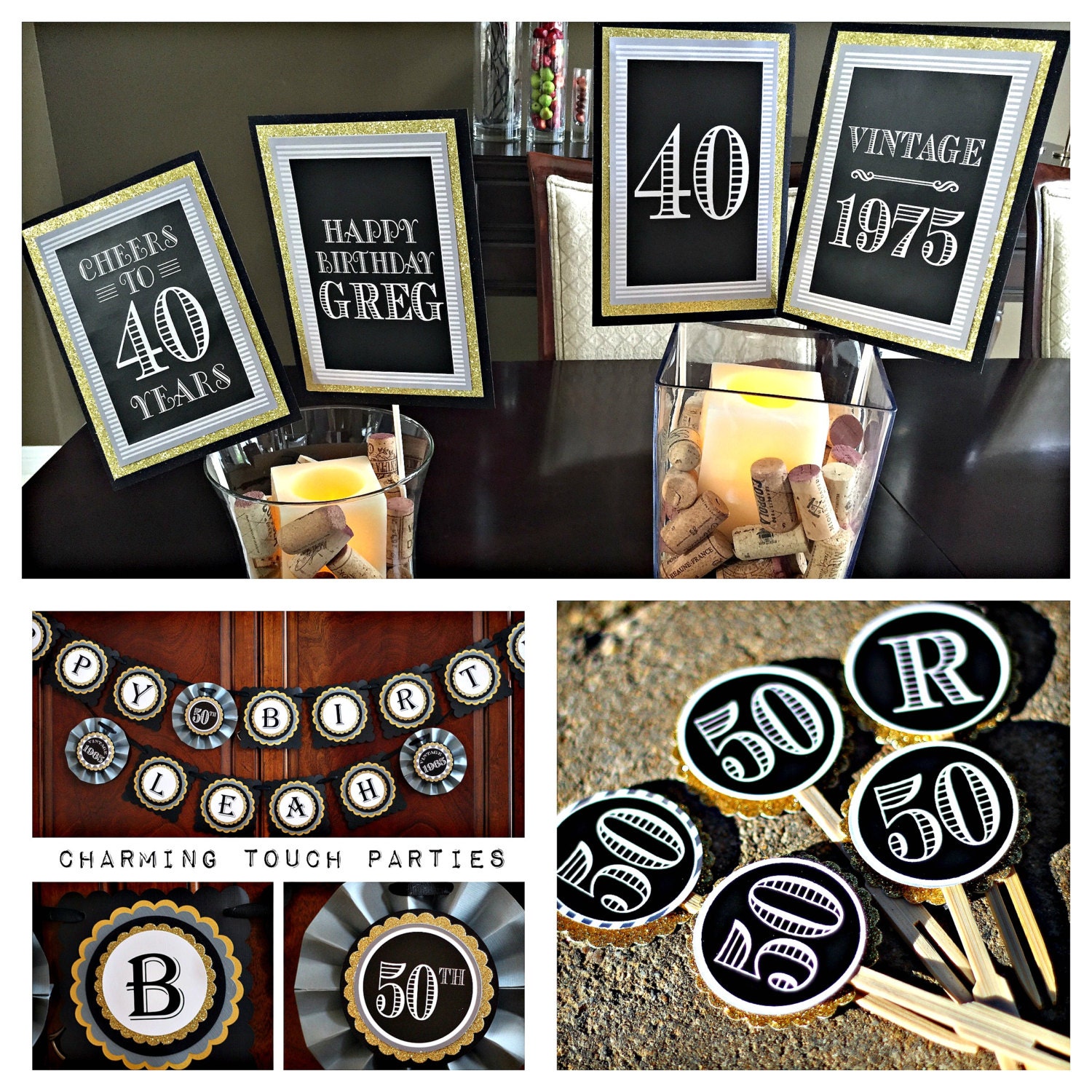 40th Birthday party decor. 3 piece black gold and grey Happy