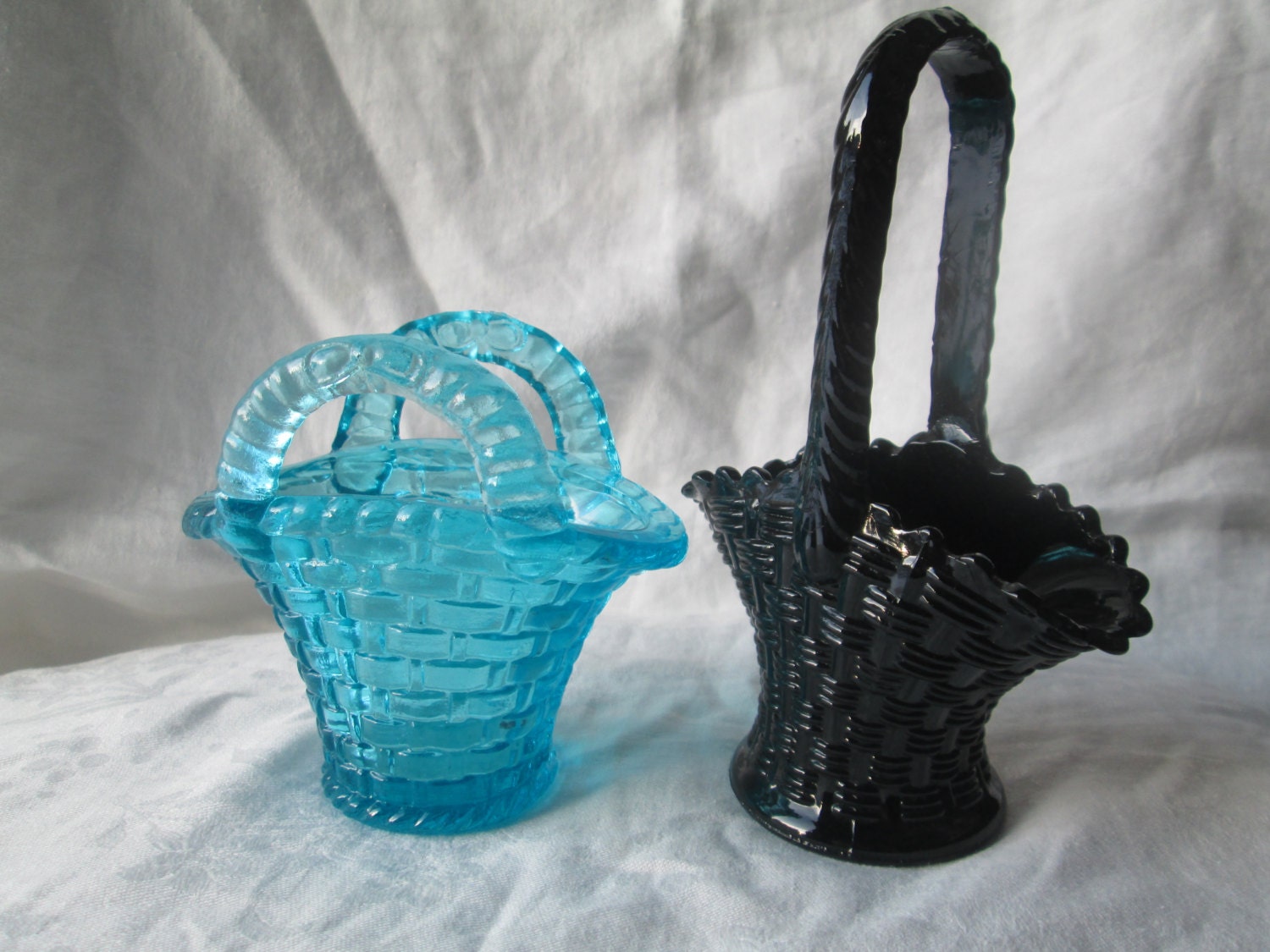 Vintage Colored Glass Weave Baskets with Handles Aqua Blue