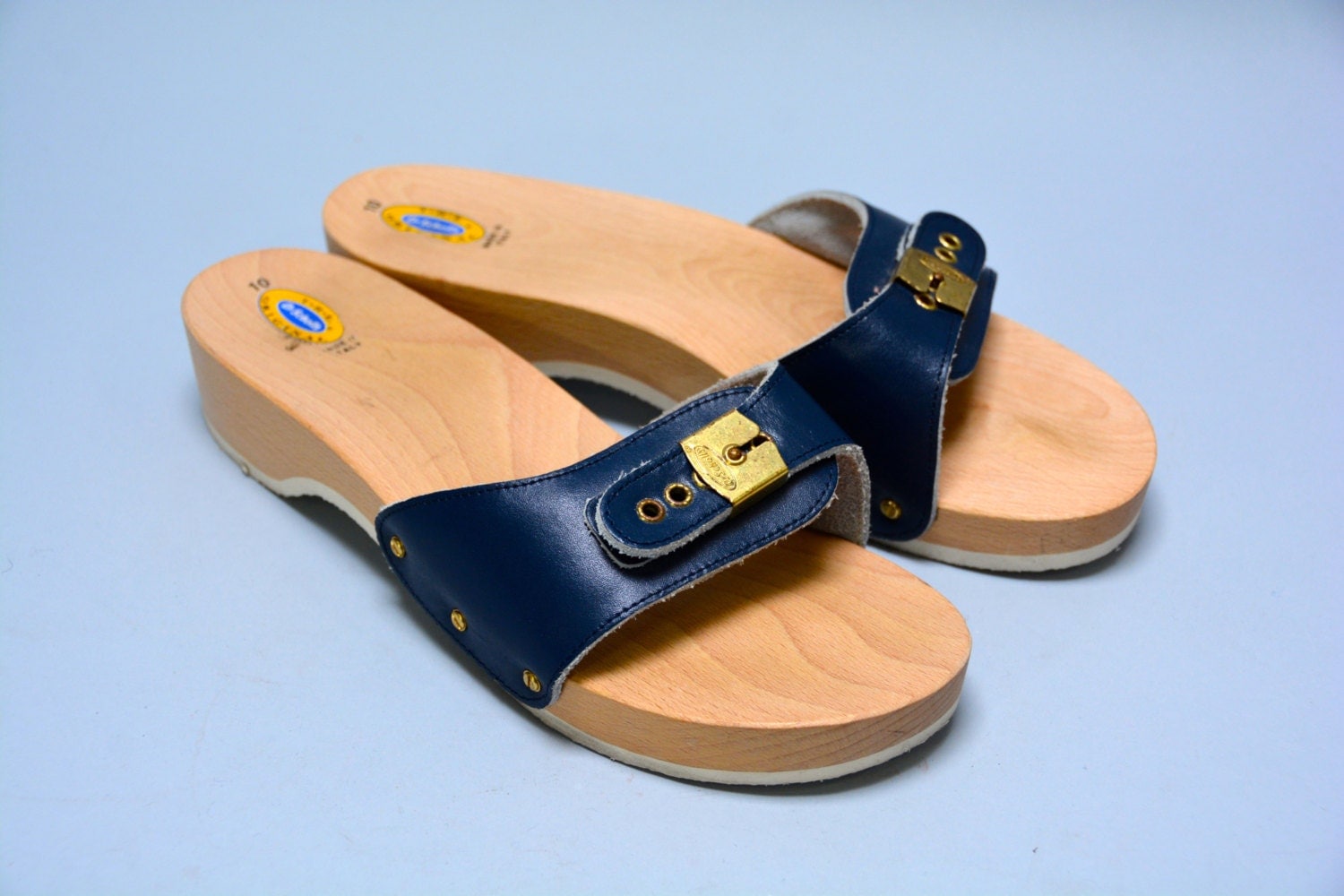 Dr. Scholl's Sandals Vintage Navy Blue Leather Wood and