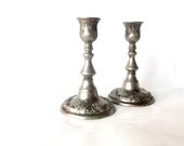 Vintage silver plated copper ornate candlesticks. Metal candle holders with grapevine decorations. Shabbat candlesticks.
