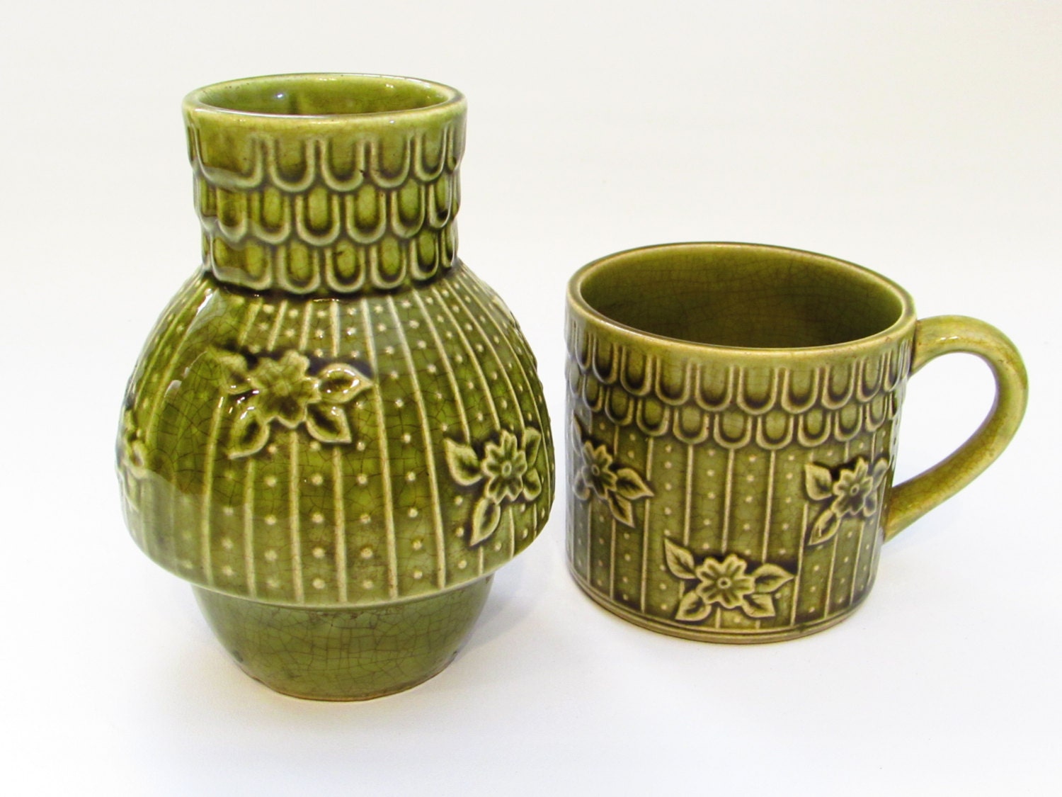 Vintage Japanese Ceramic Mug and Vase Green Mug Flower Vase
