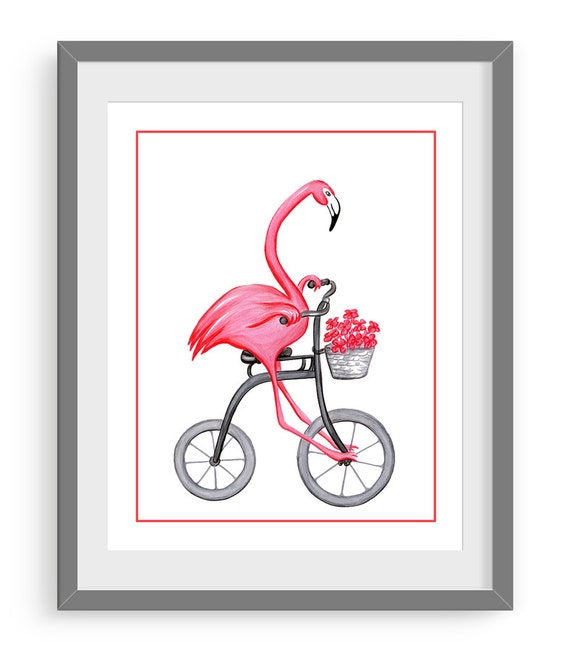 Pink flamingo riding his bicycle print cycling by AmelieLegault