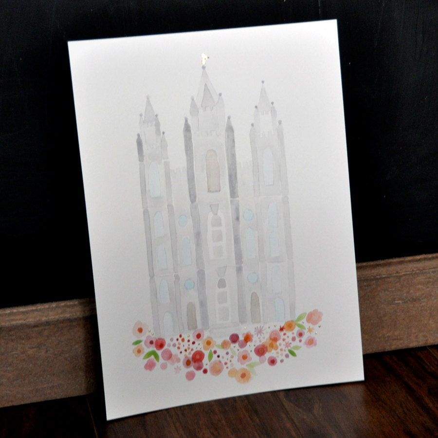 LDS Salt Lake City Temple Print Giclee Watercolor gold