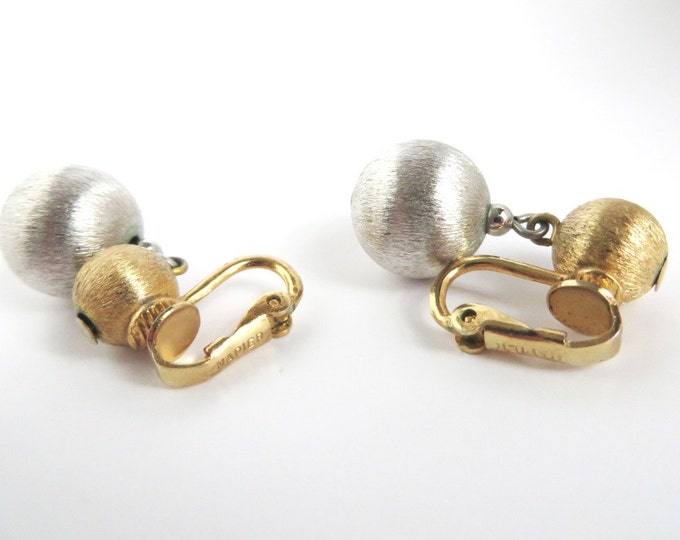 Napier Earrings, Vintage Two Tone Dangling Ball Earrings, Gold Tone, Silver Tone Clip-ons