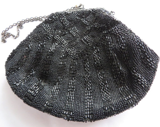 Vintage Black Beaded Evening Bag, 1940s-50s Handbag, Evening Wear, Sparkly Black Purse