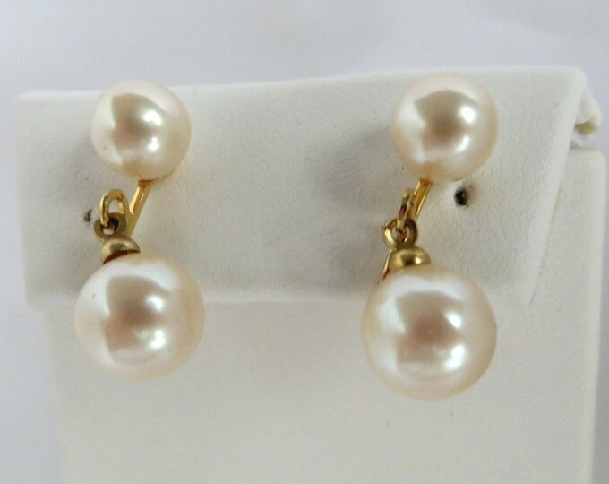 Marvella Pearl Earrings, Vintage Gold Tone Dangling Faux Pearl Clips, Bridal Jewelry