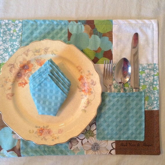 Quilted Placemats and Napkins Set Blue Brown by HookYarnAndHooper