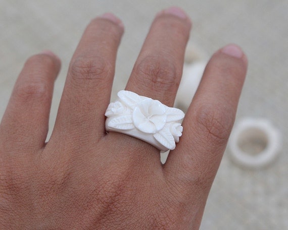 Flower Bone Ring, Bali Bone Carving Jewelry