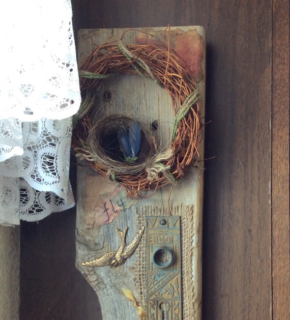 Rustic wren nest garden art layered collage inspiration artwork birdnest bluebird feathers farmhouse shabby french chic ofg team
