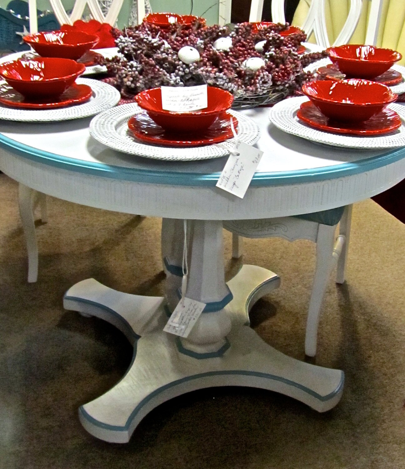 Vintage 42″ Round Cottage Style Dining Table in White & Turquoise