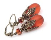 Tangerine, Orange, Sea Glass Earrings, Teardrop, Dangle Earrings, Drop, Antiqued Brass, Jewelry, Elandra Designs