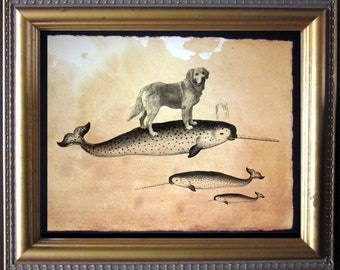 Golden Retriever Dog Riding Narwhal - Vintage Collage Art Print on Tea Stained Paper - Vintage Art Print - Vintage Paper