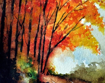 ORIGINAL Watercolor Painting Autumn Landscape by ArtCornerShop