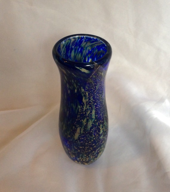 Hand Blown Glass Vase with Real Gold Leaf. Cobalt Blue and
