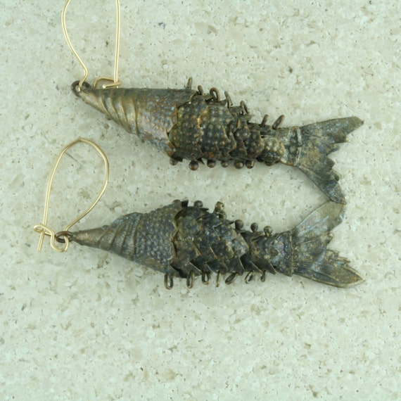 Vintage articulated fish earrings 14k gold and brass