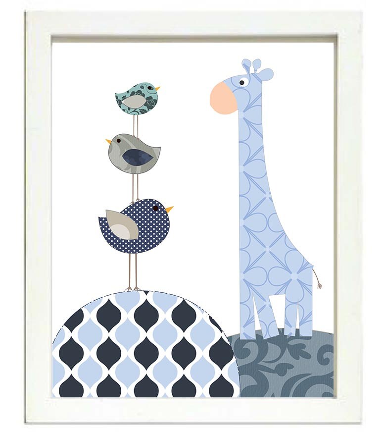 Giraffe Bird Nursery Art Nursery Print Baby Art Animal Navy Blue Polka Dots Chevron Stripes Wall Art