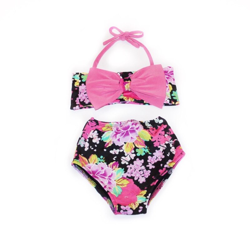 Floral Print Pink Bow Top & High Waist Bikini Kids Swimwear