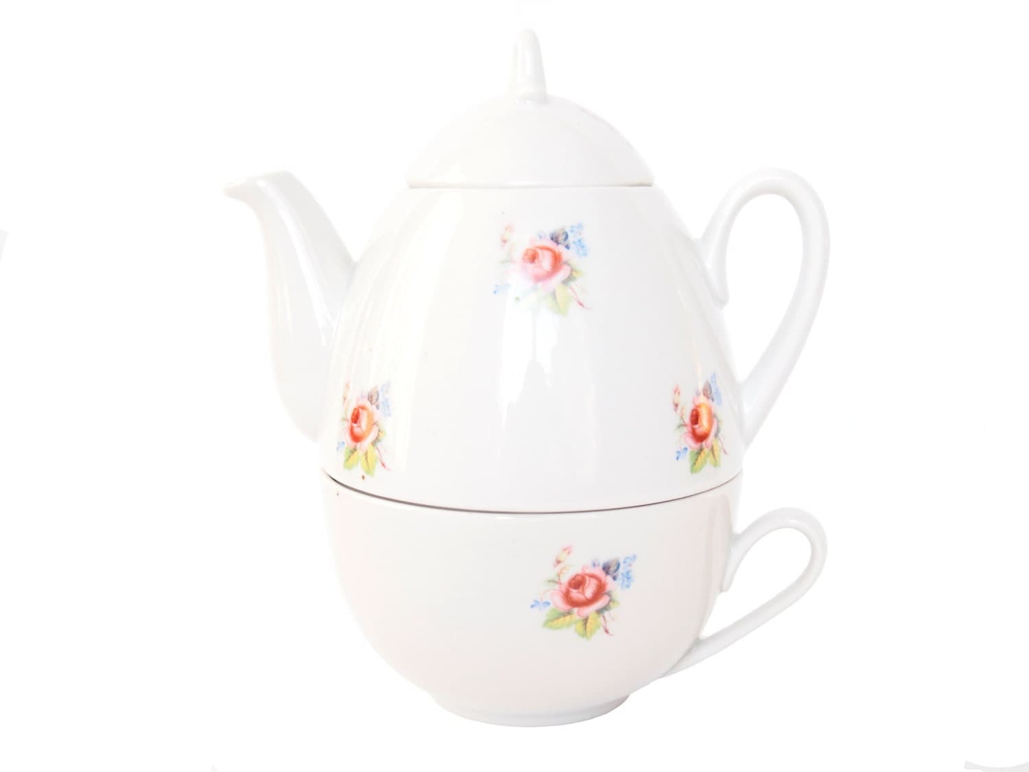 Vintage Russian Stacking Teapot Teacup set, White Floral Ceramic