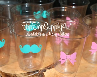 24 mustache & Bow 10,12 or 16 oz. clear disposable cup. Baby Shower, Gender reveal party, Birthday party, bow, stache, sprinkle. B-65 B-224