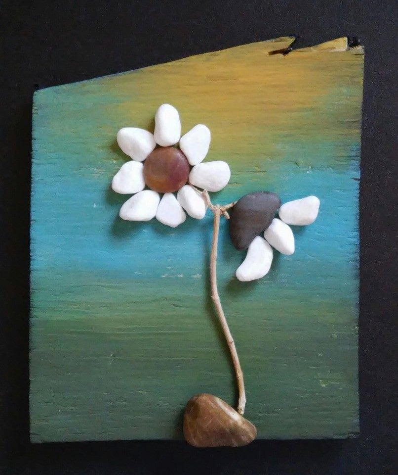 Pebble Art Flowers white flowers on reclaimed by CrawfordBunch