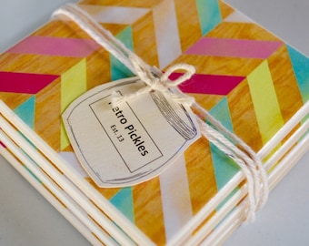 Ceramic Tile Coasters - Fleuro Geometric on Timber 029