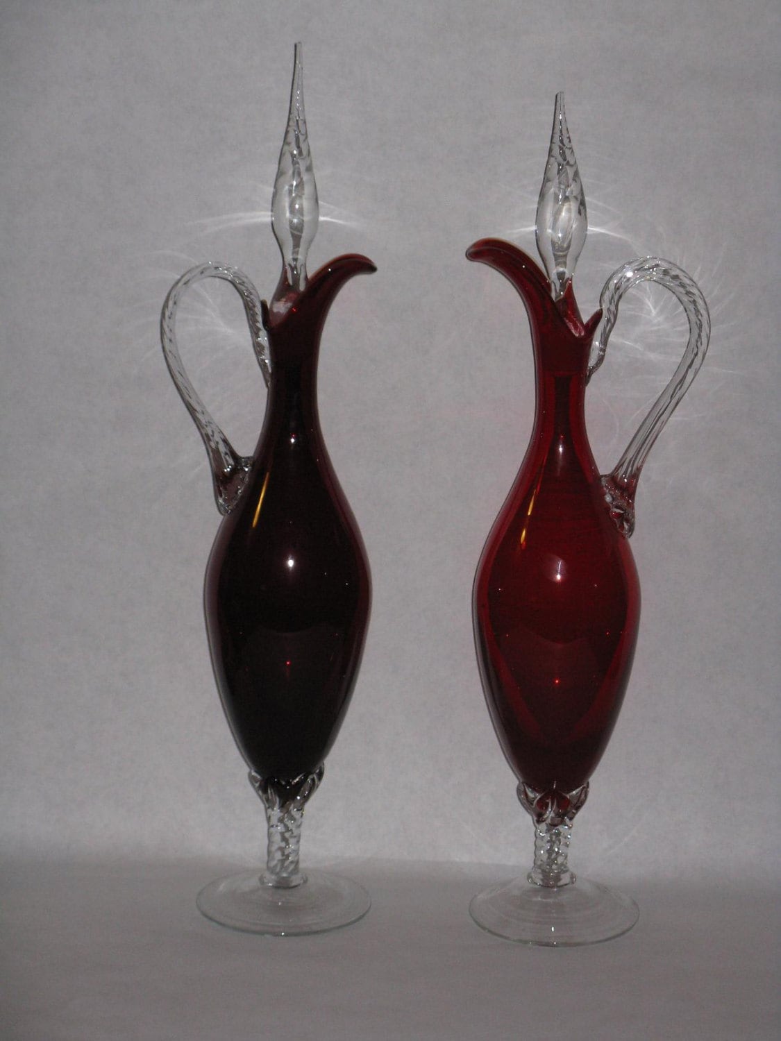 Pair vintage cranberry clear glass wine decanters stoppers burgundy red