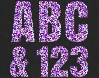 digital purple glitter letters and numbers sparkly purple confetti