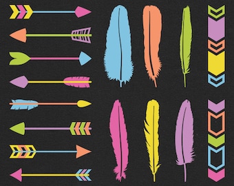 Vector arrow and feather clipart / neon tribal borders / festival boho clip art / bright arrow designs / geometric shapes / digital graphics