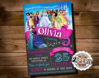 DISNEY PRINCESS Chalkboard BIRTHDAY Invitation, Princess Party Idea, Disney Princess Invitation, Printable Invitation, Pink Frosting Paperie