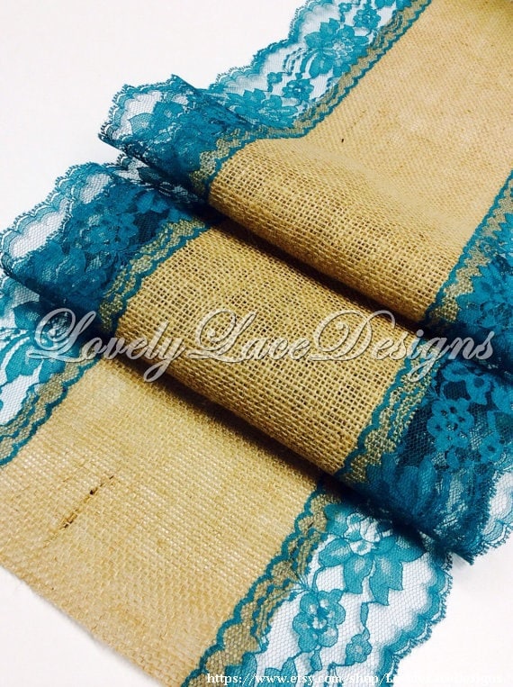 Burlap Table Runner /Teal/Green Lace/3ft10ft by LovelyLaceDesigns